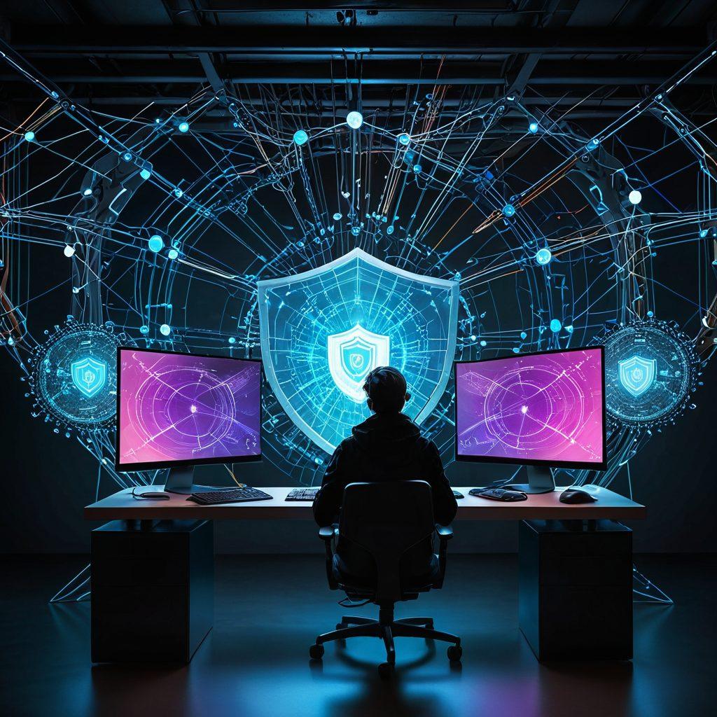 A digital landscape featuring a person sitting at a computer, surrounded by a glowing shield symbolizing online security. The background includes visual representations of DLP proxies like interconnected nodes and data streams, while vibrant locks and shields float in the air. The atmosphere is futuristic and tech-savvy, with a sense of empowerment and mastery. super-realistic. vibrant colors. 3D.