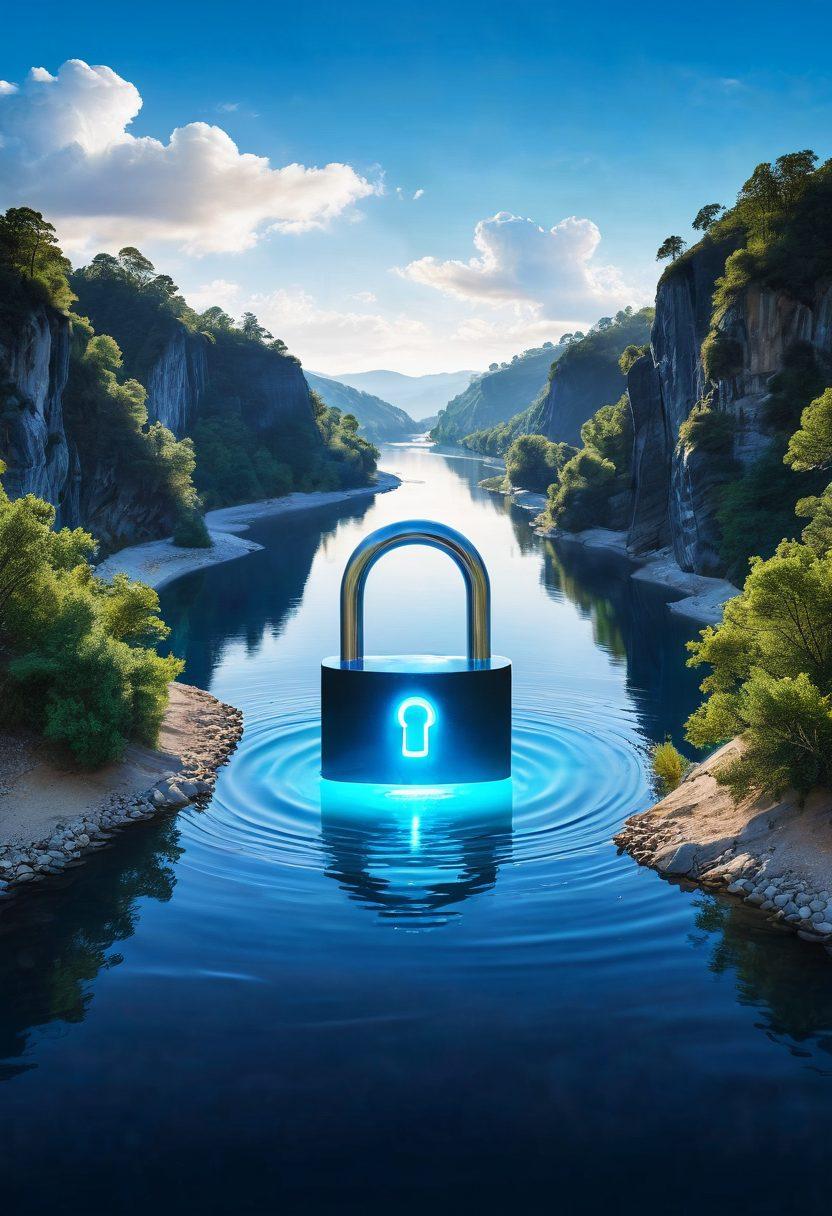 A serene digital landscape featuring a lock symbol combined with a flowing river, representing the protection of internet privacy. Incorporate elements like a shield, binary code in the background, and a bright blue sky, symbolizing security and trust. The scenery should evoke a sense of calm and safety online. super-realistic. vibrant colors. white background.